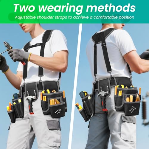 Tool Belt With Suspenders, Heavy Duty Magnetic Tool Belts for Men with 18 Pockets, Tool Belt with Adjustable 32 to 66 Inches Detachable Waist for Electricians, Carpenters, Framers, Black-Grey