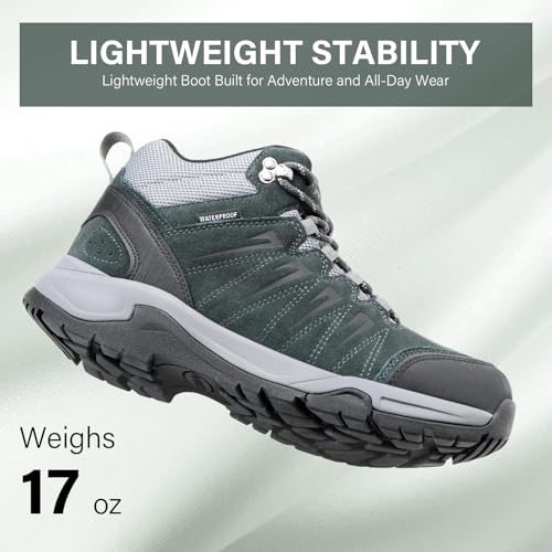 OUTJET Men's Waterproof Hiking Boots - Lightweight Leather Mid Ankle Trail Shoes, Dark Green, Size 11