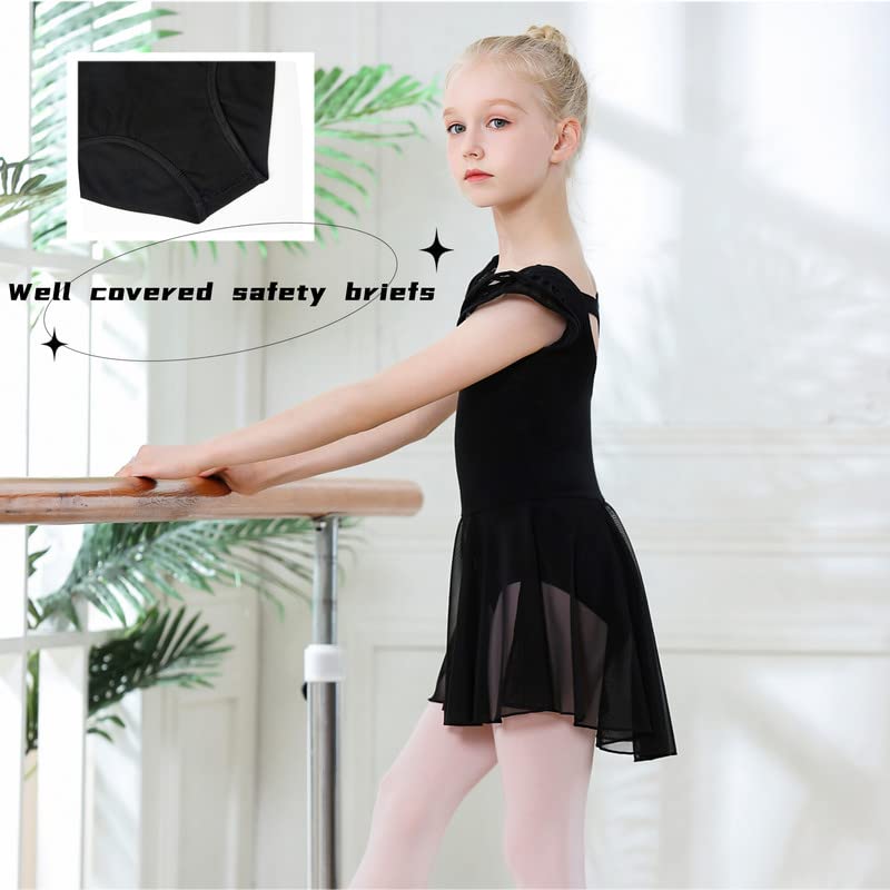 Ballet Leotard with Skirt for Girls - Flutter Sleeve, Criss-Cross Back, 6-8 Years, Black