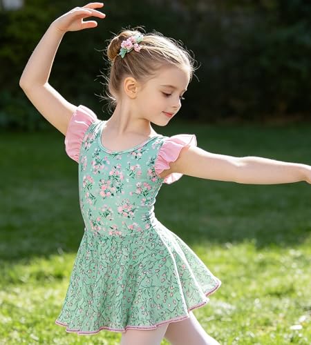 Girls Ballet Leotard Dress with Ruffled Sleeve - Green Flower (4-5T)