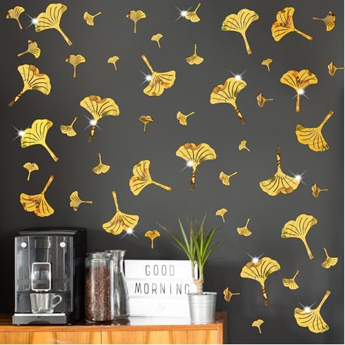 Golden Wall Decals Peel and Stick Golden Leaves Wall Stickers Modern Leaf Vinyl Wall Decals Living Room Abstract Flower Walls Sticker Nordic Plant Walls Art Murals for Bedroom Bathroom Kitchen Decor