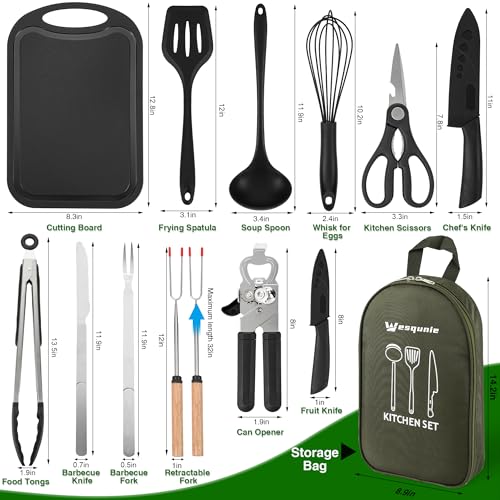 Wesqunie 14-Piece Camping Cookware Set - Portable Outdoor Kitchen Mess Kit, Stainless Steel & Silicone, Green