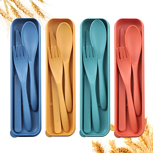 Reusable Travel Utensils Set - 4 Sets in Orange, Yellow, Dark Blue, Dark Green