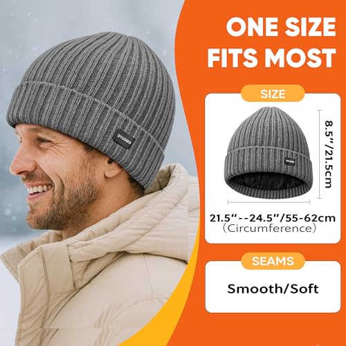Winter Beanie Merino Wool Fleece Lined Knit Hat - Grey
