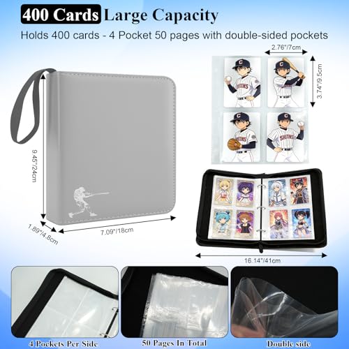 Baseball Card Binder - 900 Capacity PU Leather Zipper Holder - Grey, Medium