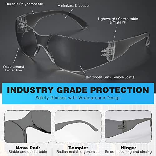 WFEANG Safety Glasses - Safety Sunglasses for Men & Women with ANSI Z87.1, Scratch & Impact Resistant Protective Eyewear for Work, Construction, Lab, Shooting (30-Pack Smoke)