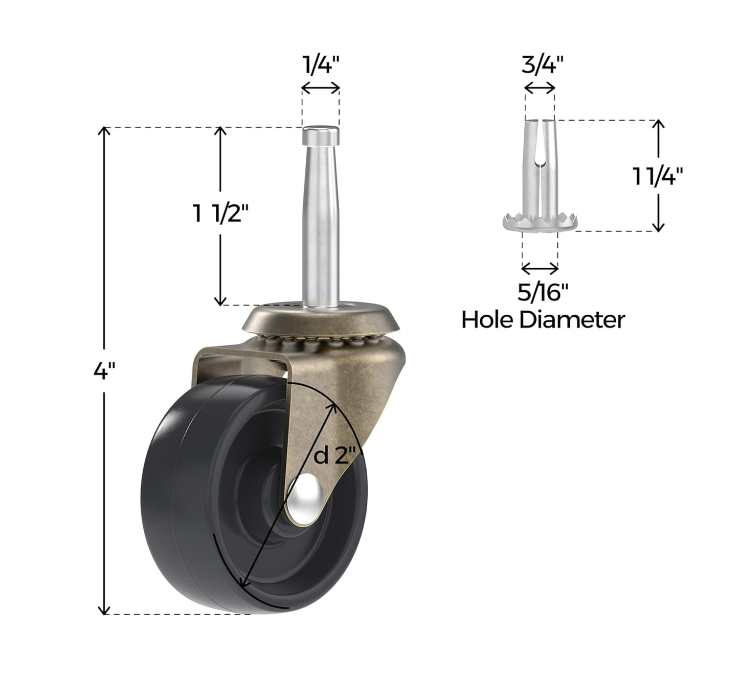 Antique Brass Caster with Plastic Wheel - 2" Wheel Diameter - Pack of 4 - Stem Caster Wheels with Ball Bearings for Table, Sofa, Chest, Dresser, Cabinet, Cart, Chair - Furniture Rollers - CW1-SAB