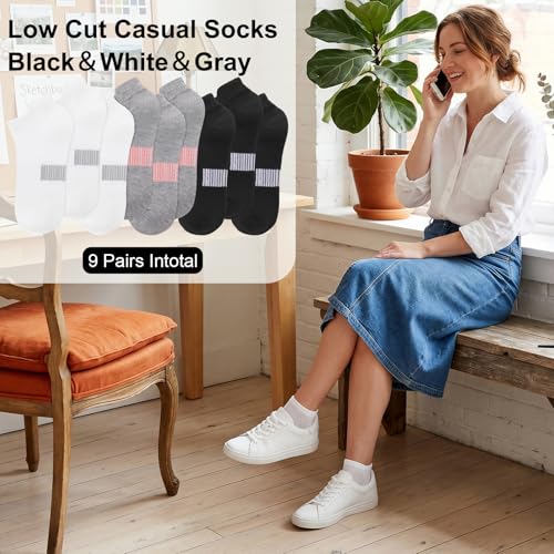 Womens Athletic Ankle Socks - Low Cut, 8 Pairs - Black & Gray