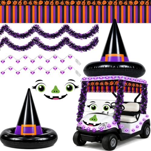 Halloween Golf Cart Decorations Kit with Inflatable Witch Hat, LED Bat Lights & Banners