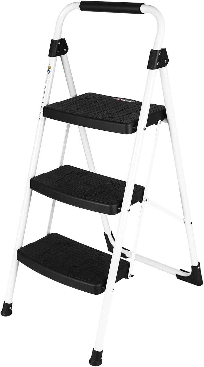 Portable 3-Step Folding Ladder - Sturdy Steel Step Stool with Anti-Slip Pedal & Handgrip, 500lbs Capacity for Home & Office