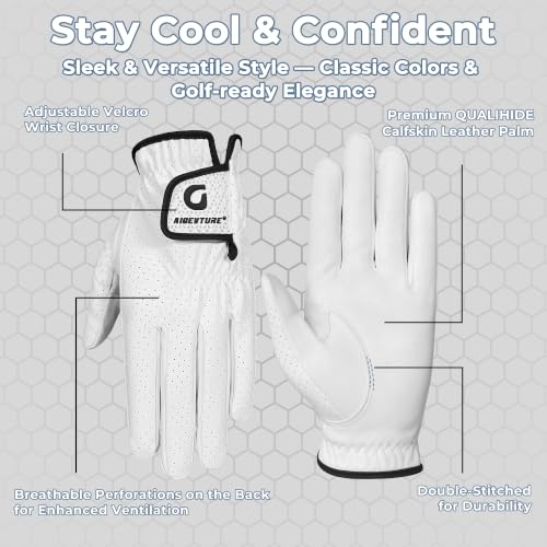 AIGEVTURE Men's Left White Calfskin Leather Golf Gloves - Breathable & Premium Fit