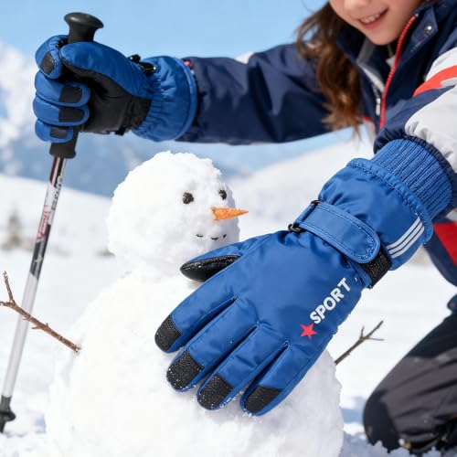Kids' Winter Snowboard Mittens - Windproof & Water-Repellent - Blue Star