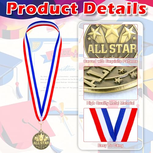 All Star 20 Pcs 2'' Gold Medal with Red White Blue Ribbon - Cunno