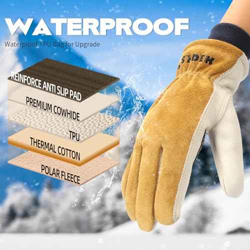Mens Winter Work Gloves Insulated Waterproof Leather, Thinsulate Thermal Lining with Anti-Slip Palm for Cold Weather