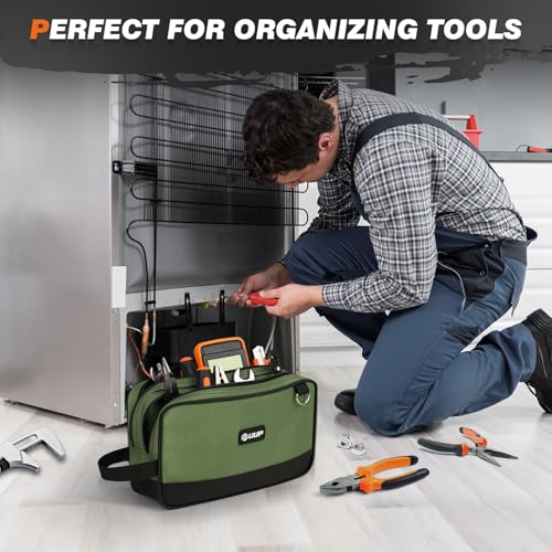 12 Inch Small Tool Bag 2 Pack, Zipper Tool Pouch Two Compartments, Utility ToolBag with Carrying Handle, Heavy Duty Tools Storage Organizer for Electrician Mechanic, Gift for Men Dad, Orange/Green