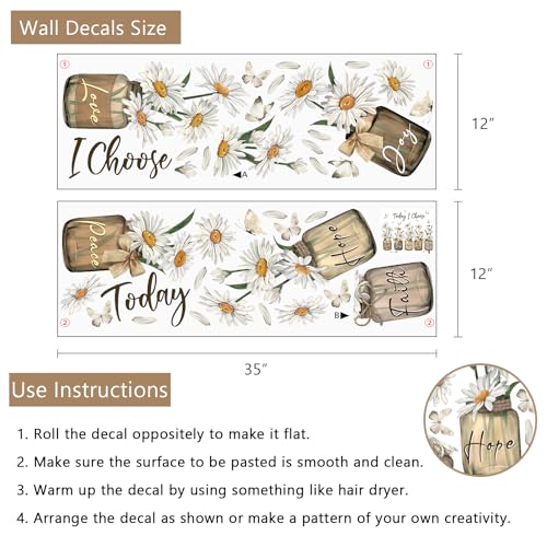 Yovkky Inspirational Quote Daisy Flower Wall Decals Stickers, Positive Today I Choose Love Joy Hope Peace Faith Home Bedroom Decor, Floral Mason Jar Butterfly Living Room Kitchen Decorations Art
