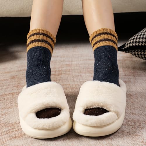 Warm Wool Socks for Women - Cozy Thick Hiking Crew Socks, 5 Pairs Parallel Dot, Size 6-10