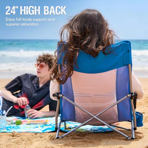 Old Bahama Bay Blue Folding Beach Chair 2 Pack - Low Profile Outdoor Camping & Sand Lounge Chairs with Cup Holder & Mesh Back, Supports 350lbs