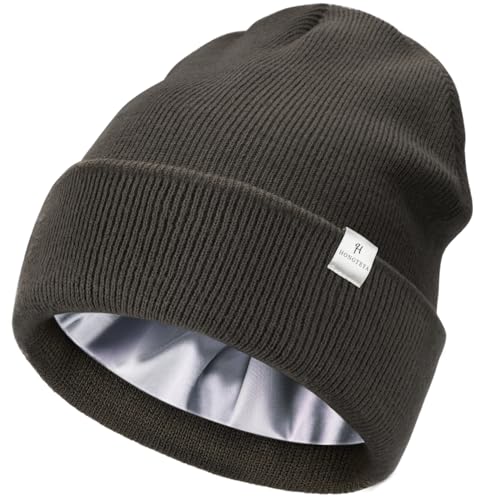 Womens Satin Lined Knit Beanie Hat - One Size Grey-Blue