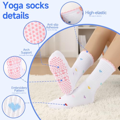 Women’s Pilates Socks with Grips - Cotton Ruffle Crew Socks - Pastel Berry Bow