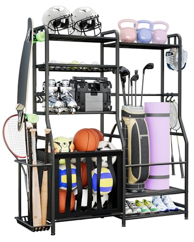 Heavy Duty Sports Equipment Organizer with Storage Bins & Hooks