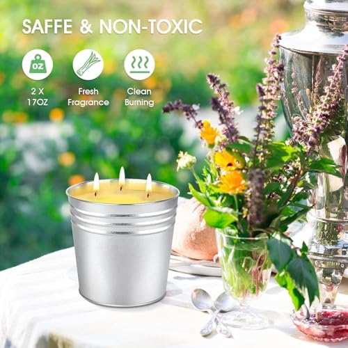CAKETYCG Set of 2 Citronella 17oz 3-Wick Soy Candles, Outdoor Lantern Tin, 180 Hr Burn
