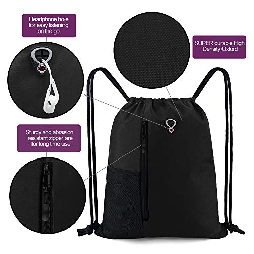 Large Black Drawstring Gym Bag with Water Bottle Mesh Pockets