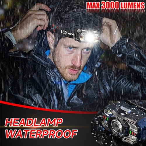 Rechargeable Headlamp Flashlight - 3000 Lumen, 6 Pack with Motion Sensor