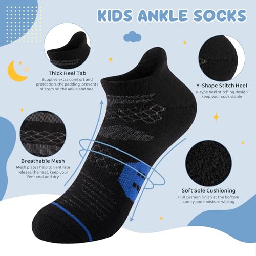 Comfoex Boys Athletic Ankle Socks 6 Pairs Cushioned Sports Socks for Kids 7-10 Years Old - Black