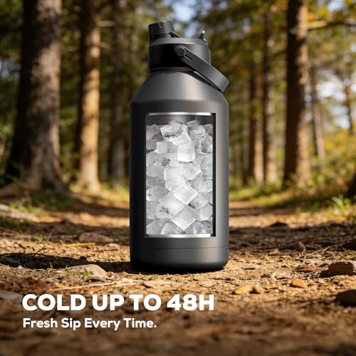Midnight POWCAN 64oz Insulated Water Bottle with Straw & Spout Leakproof Lid & Shoulder Strap