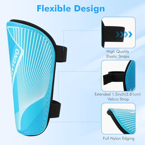 Kids Soccer Shin Guards - Protective Football Gear with Adjustable Straps - Blue / Medium