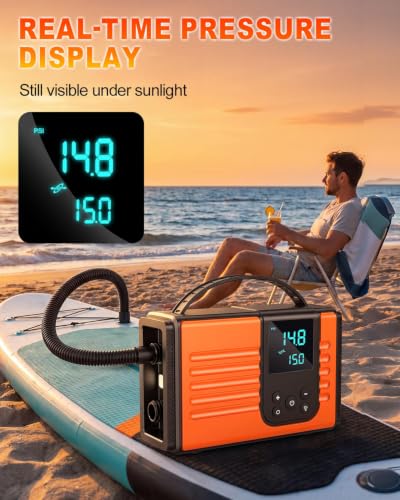 50 PSI Electric Paddle Board Pump - Rechargeable, Auto-Off, Orange