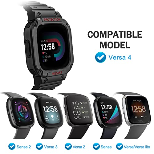 FINTIE Black Rugged Watch Band with Case Compatible with Fitbit Versa & Sense Series