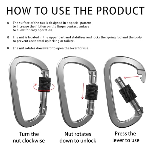 4-Inch Aluminum Locking D Ring Carabiner Clips Set of 4 for Outdoor & Camping