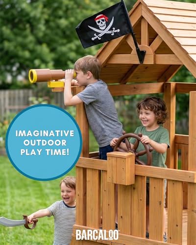 Barcaloo Pirate Playground Bundle - Brown Pirate Set with Telescope, Wheel & Flags for Kids