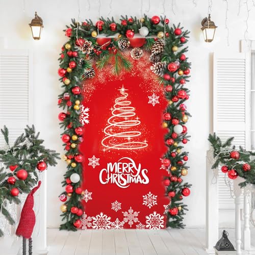 Merry Christmas Red Door Curtain, Holiday Privacy Backdrop Decoration