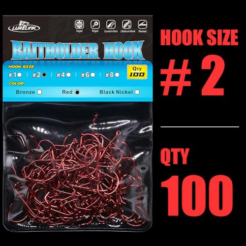 Baitholder Fishing Hooks 100 Pack - Double-Barbed Long Shank - Red, Size 2