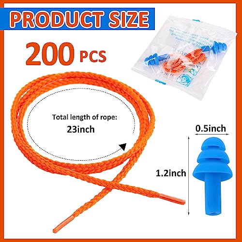 Xuhal 200 Pairs Corded Ear Plugs Silicone Earplugs with Cord Individually Wrapped Reusable Earplugs Sleep Noise Cancelling Hearing Protection for Snoring Shooting Studying Construction (Blue)