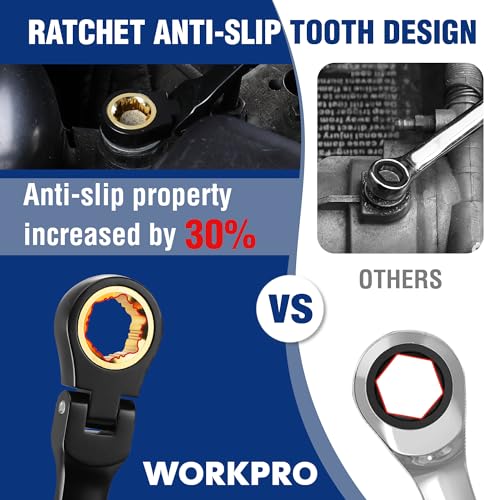 WORKPRO Metric Extra Long Flex-Head Ratcheting Wrench Set, 5-Piece, Anti-Slip, 8-19mm