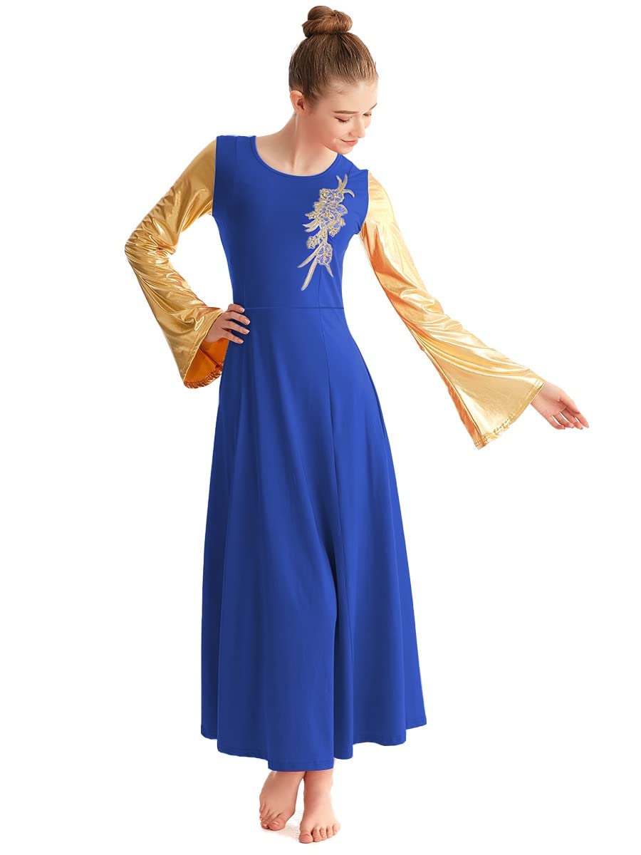 HIHCBF Women Gold Metallic Long Sleeve Liturgical Praise Dance Dress Adults Applique Dancewear Lyrical Worship Robe Costume Royal Blue L