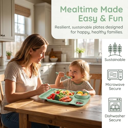 WUWEOT 8 Pack Divided Food Plates – 13.5" Wheat Straw Tray with 5 Compartments, Unbreakable & Dishwasher Safe