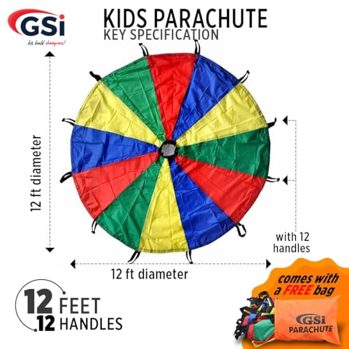 Kids Rainbow Parachute 12 Feet - Bright Colors, Durable Fabric