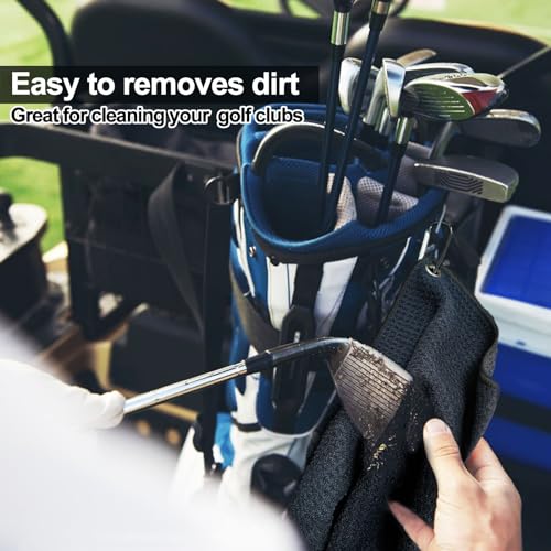 Microfiber Waffle Golf Towel with Carabiner Clip - 12-inch Black