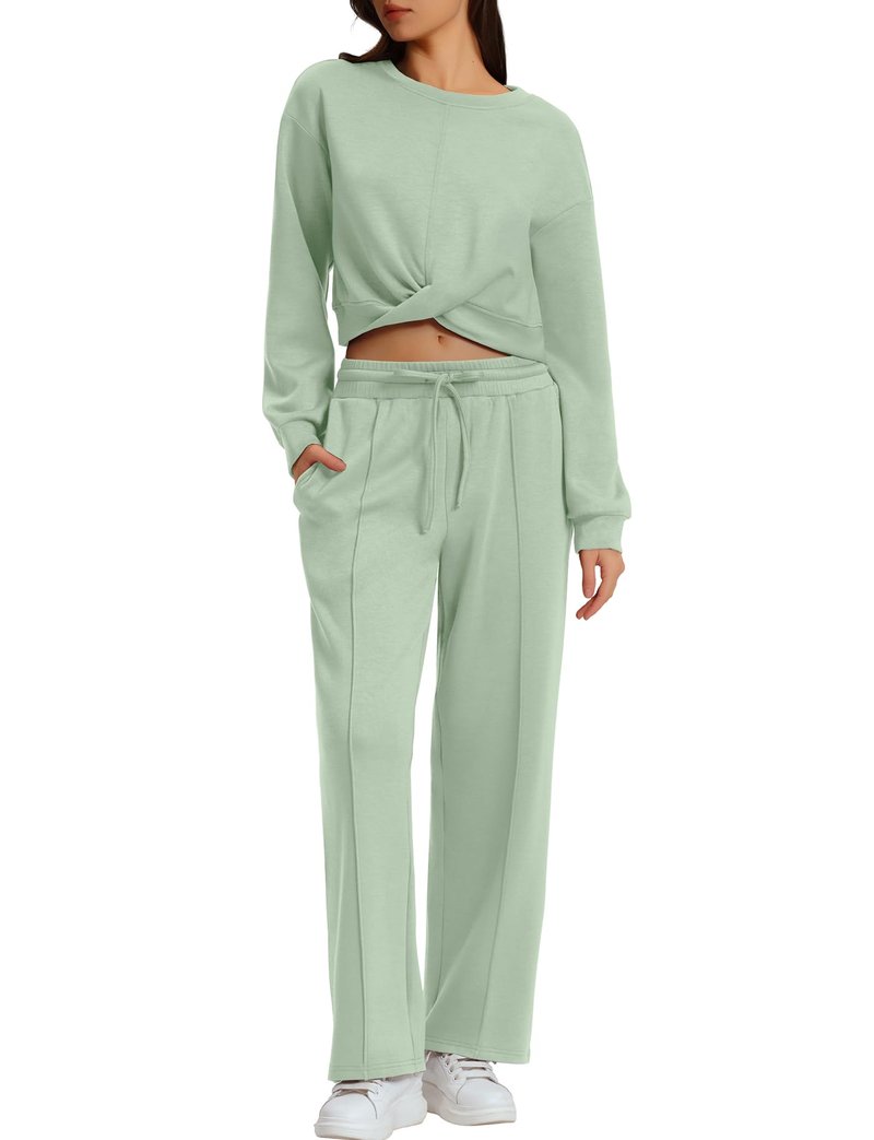 WIHOLL Matching Sets For Women Loungewear Twist Front Crop Sweatshirt Wide Leg Sweatpant Casual Lounge Sets Light Green L