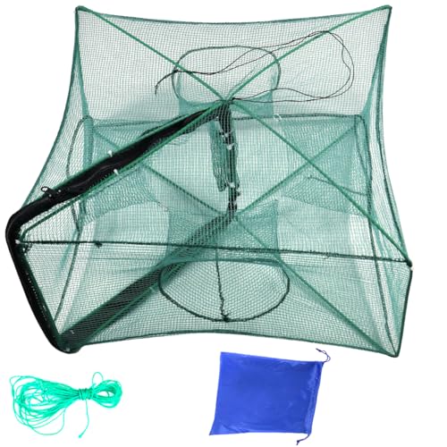 Green Foldable Fishing Trap with 4 Entrance for Minnow, Crab, Shrimp - 27.6 x 10.2 in
