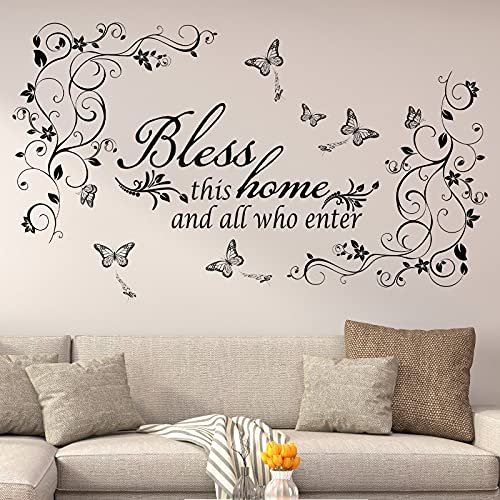Living Room Wall Decals Stickers Bless This Home and All Who Enter Removable Vinyl Quotes Black Flowers Vine Wall Stickers Butterfly Wall Sticker Murals Peel and Stick Art for Home Decorations