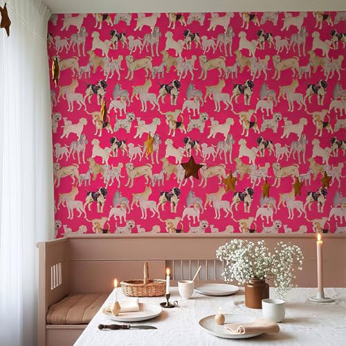 GaliGali Peel and Stick Wallpaper, Pink Dog Pets Wall Paper, Self Adhesive Wallpaper, Removable Contact Paper for Bedroom Cabinets Bathroom Decor Vinyl Waterproof 17.3"x118" NO.A03112A-3