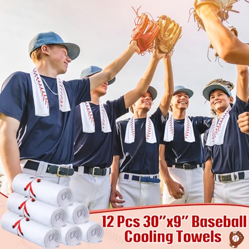 Baseball Cooling Towels 12-Pack - 30x9 Inch Microfiber Sports Gift, White & Red