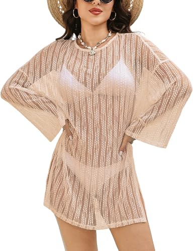 Sheer Lace Swimsuit Coverup for Women - Long Sleeve Beach Dress - Khaki, Small