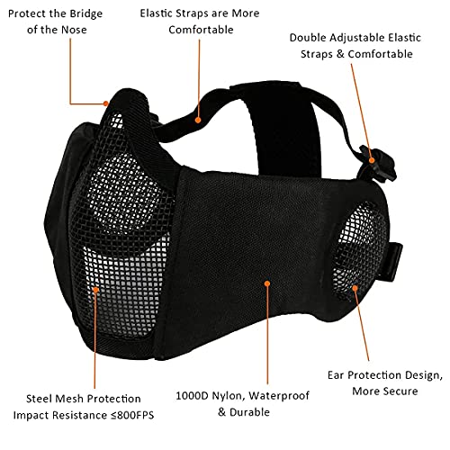 Airsoft Protective Gear Set - Half Face Mesh Mask & Goggles - Black